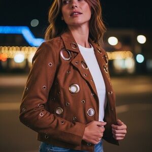 Stylish Brown Leather Jacket with Grommet Details